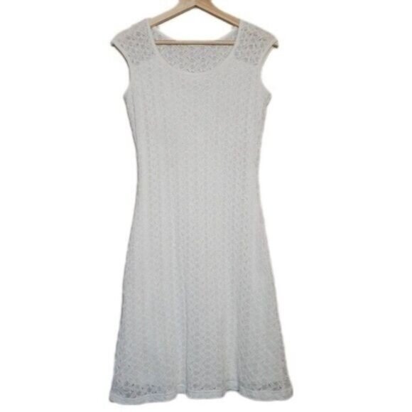 DONNA White Lace Stretchy Knee Length Midi Dress Sz M - Picture 1 of 10